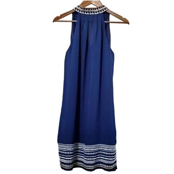 THML Womens Embroidered V-Neck Blue Shift Dress Size Medium Semi-Sheer Bohemian - Picture 6 of 10